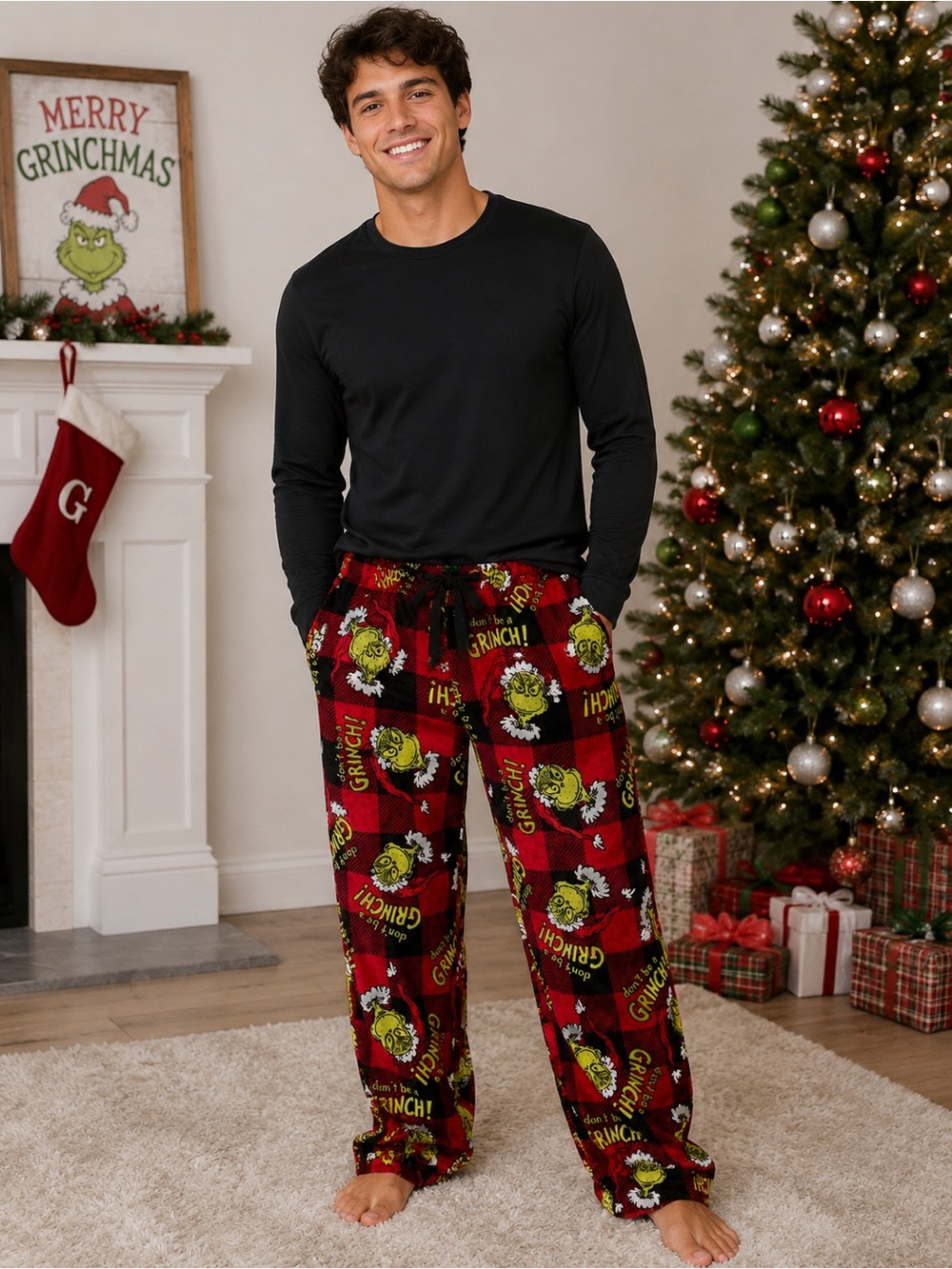 The Grinch Men’s Medium Red Buffalo Plaid Fleece Pajama Pants NWT